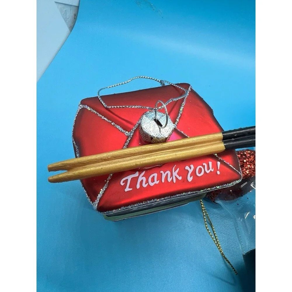 3 Japanese Christmas Ornaments Noodles, Soy Sauce, Take Out Food Glass